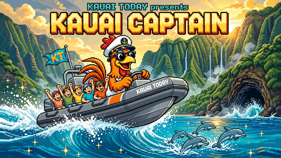Kauai Captain — rooster captain in shades driving a Kauai Today zodiac past the Na Pali cliffs and a sea cave, dolphins jumping